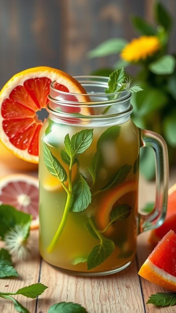 A jar of dandelion and grapefruit juice with mint leaves and grapefruit slices