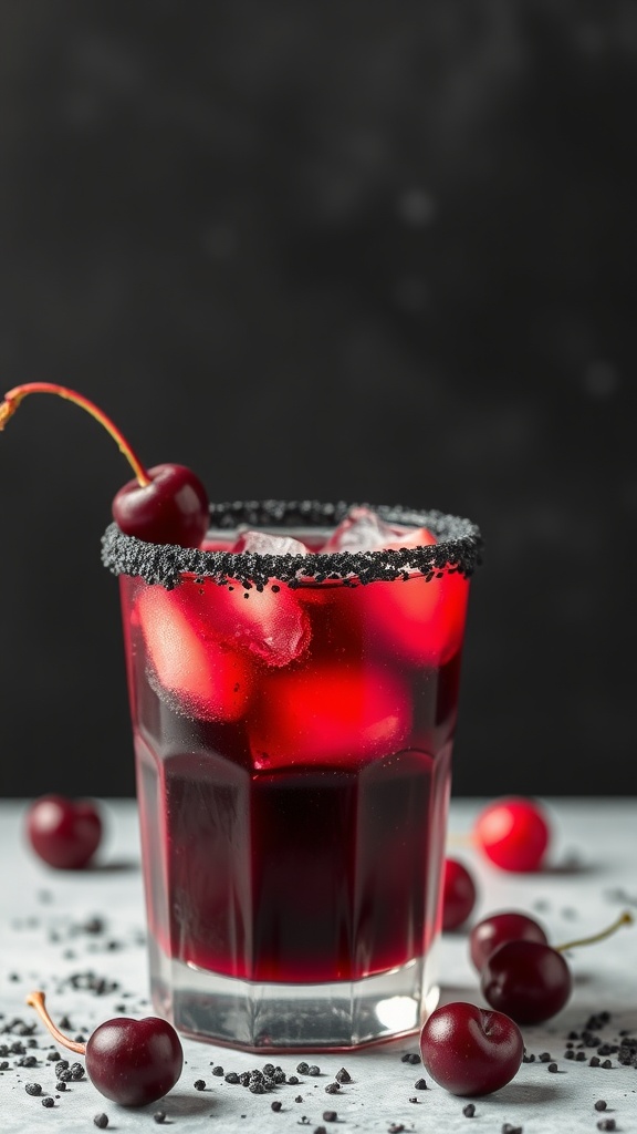 A dark cherry mocktail in a glass with ice and a black rim, garnished with a cherry.