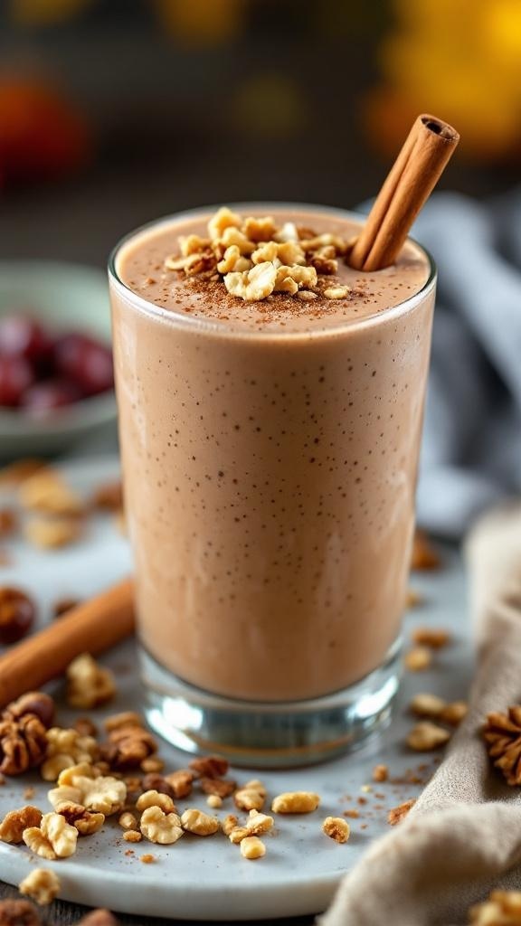 A creamy Date Walnut Spice Smoothie topped with nuts and a cinnamon stick
