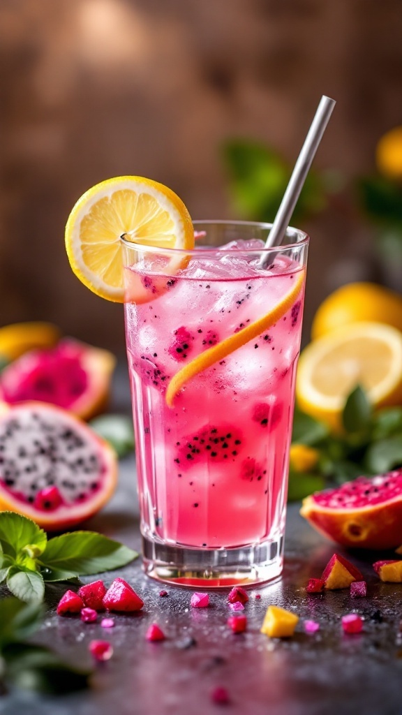 A vibrant dragonfruit lemonade mocktail garnished with lemon slices.