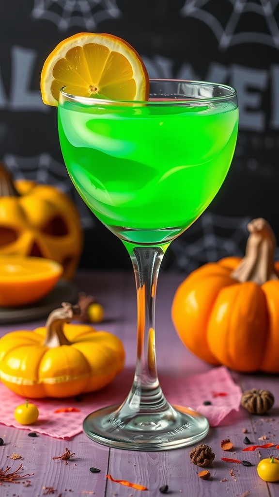 A bright green mocktail in a glass with a lemon slice, surrounded by Halloween decorations.