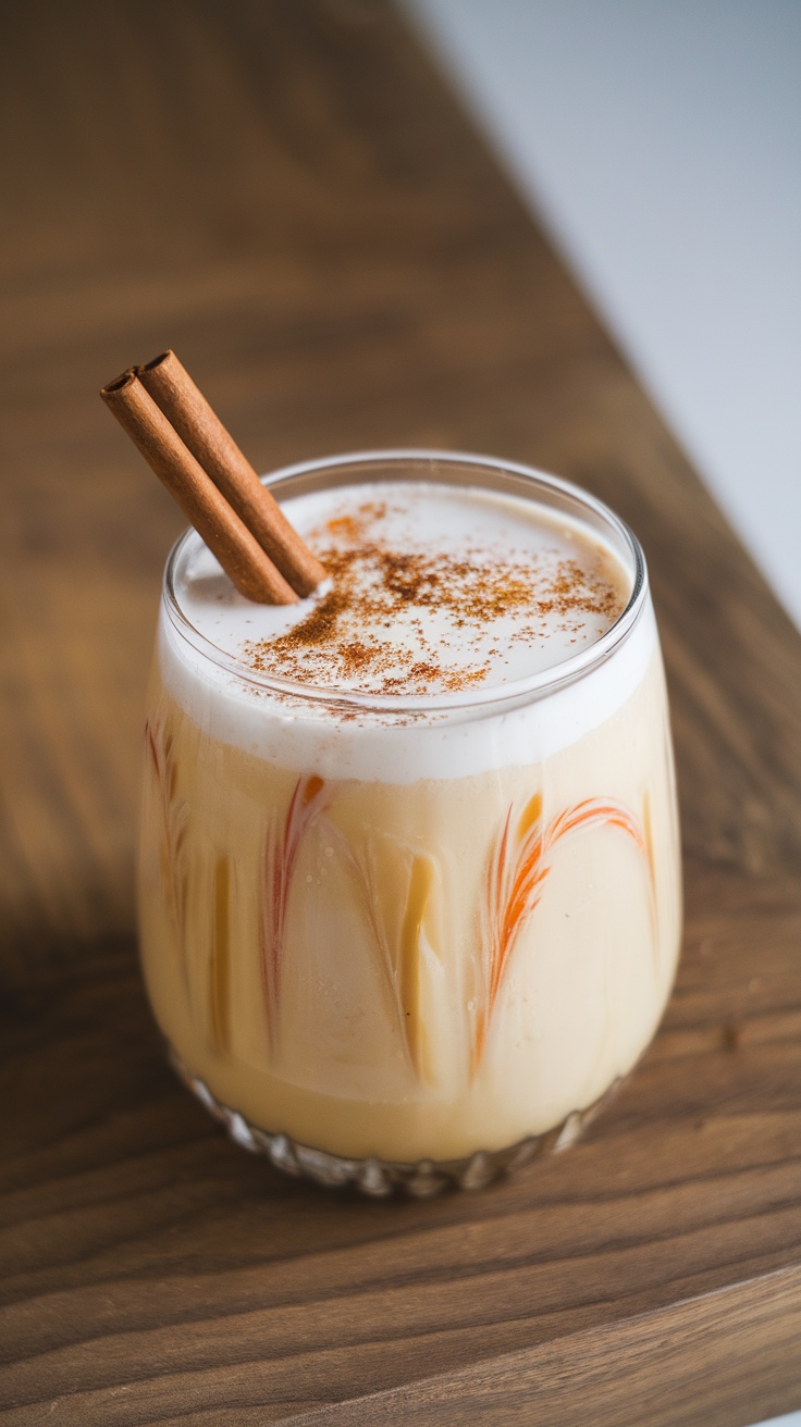 Effervescent Eggnog Fizz mocktail in a glass with cinnamon sticks