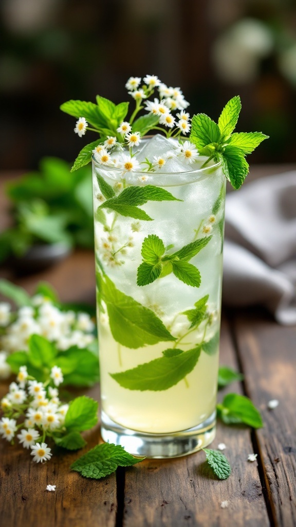 A refreshing Elderflower Mint Mocktail garnished with mint leaves and flowers
