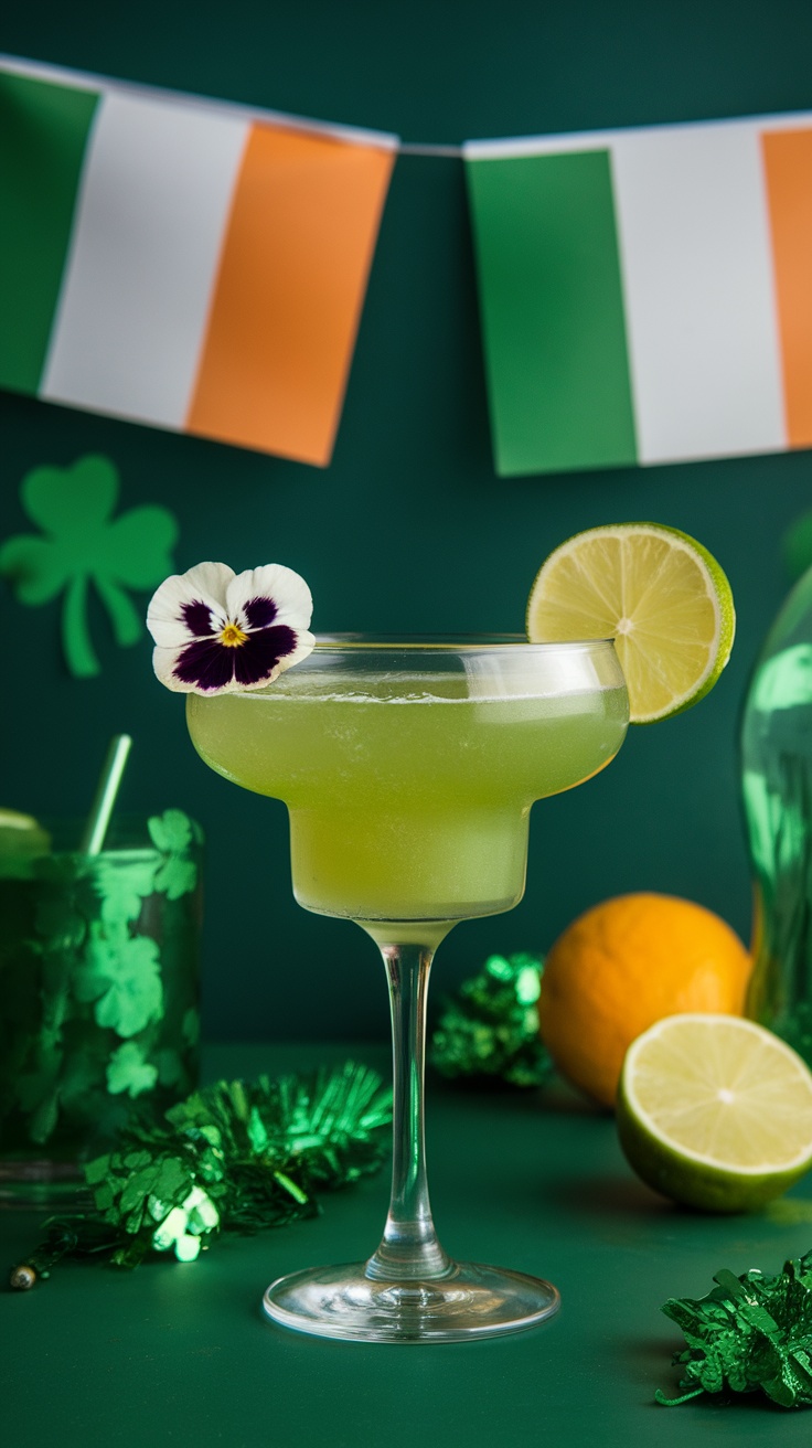 A green mocktail garnished with a flower and lime slice, surrounded by festive decorations.