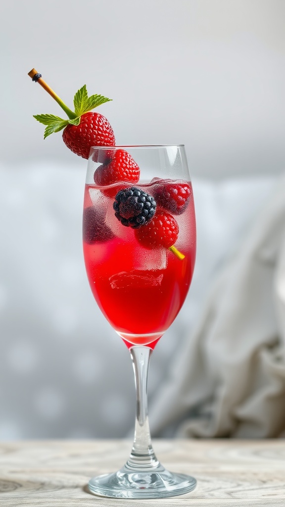 A vibrant mocktail garnished with fresh raspberries and mint leaves in a stylish glass.