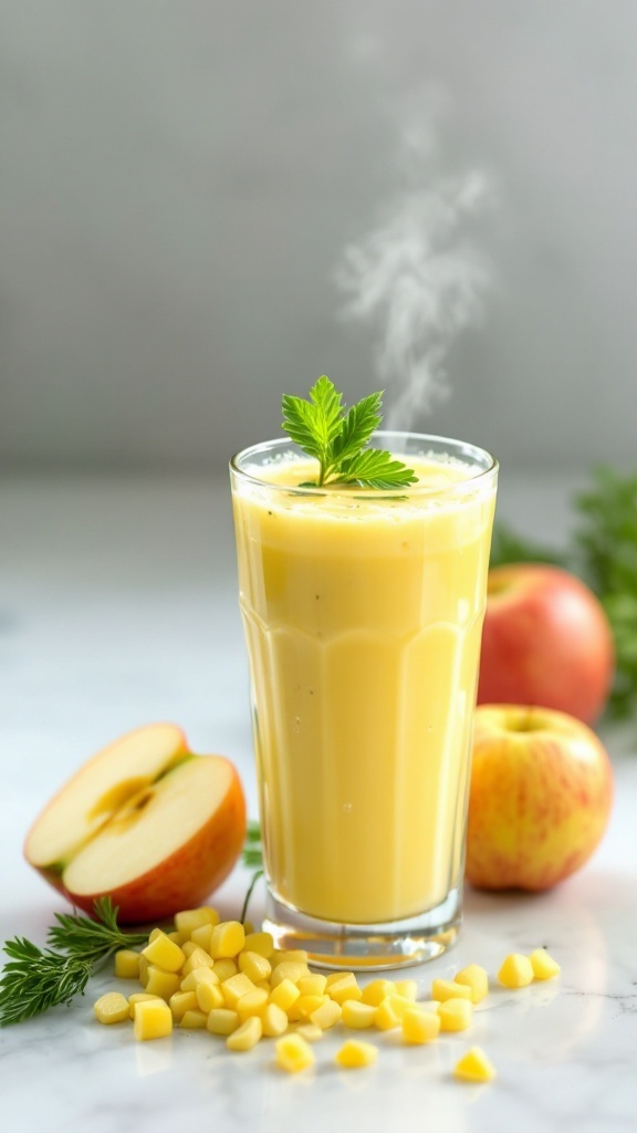 A glass of Fennel-Apple Juice garnished with a green herb, surrounded by apples and chopped ingredients.