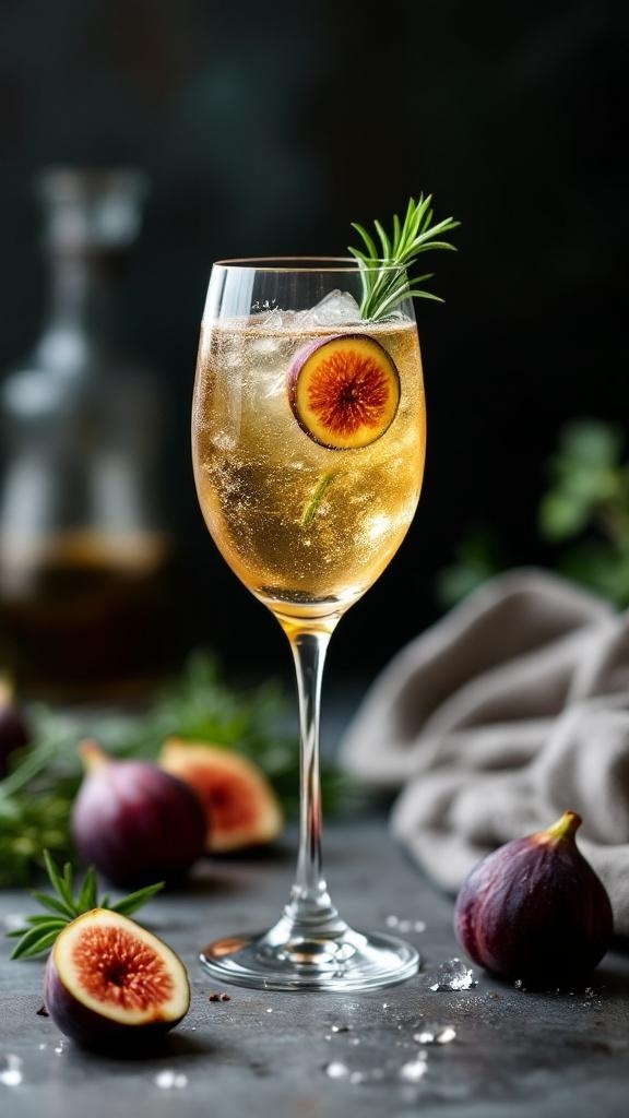 A glass of Fig and Rosemary Sparkler Mocktail garnished with a fig slice and rosemary sprig, surrounded by fresh figs.