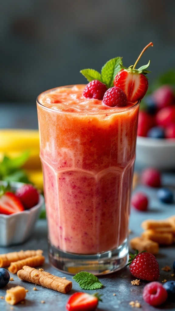 A colorful Firecracker Mocktail with fruits and mint on top.