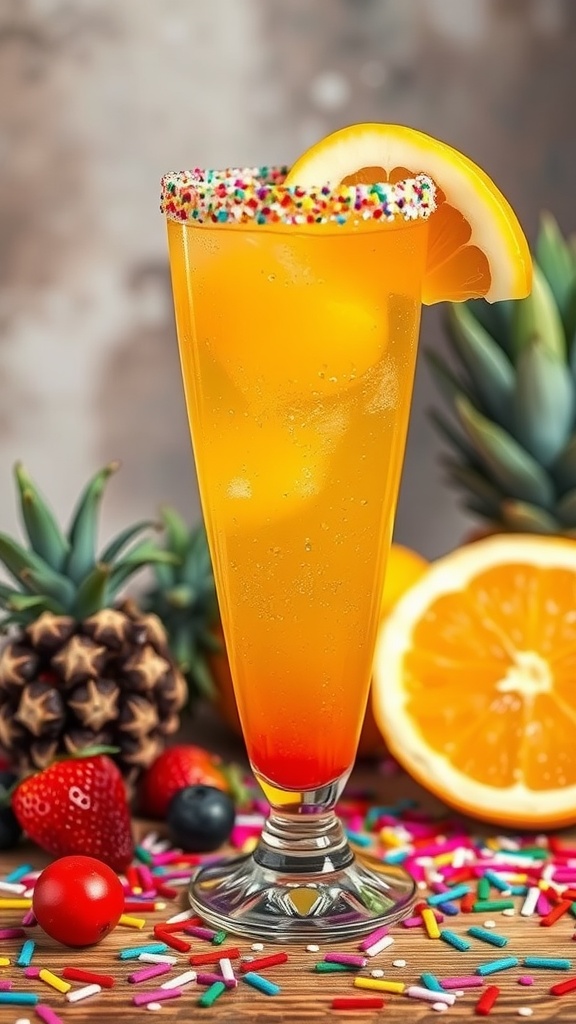 A vibrant mocktail with a sprinkle rim, garnished with a lemon slice, surrounded by fruits and colorful sprinkles.