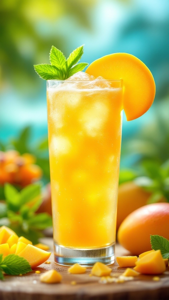 A refreshing fizzy mango cooler mocktail garnished with a mint leaf and a slice of mango.