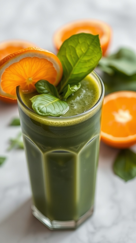 A glass of green spinach juice garnished with an orange slice and fresh spinach leaves, with halved oranges in the background.