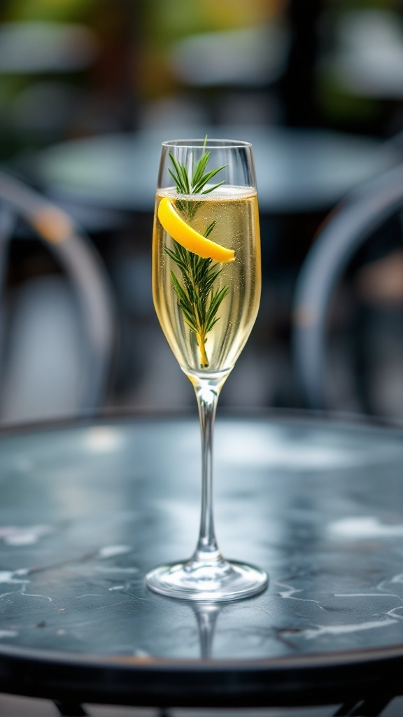 A refreshing French Quarter Fizz Mocktail garnished with lemon and rosemary on a table.