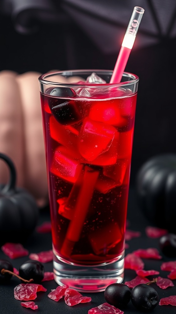 A vibrant Fright Night Fizz Mocktail in a glass with ice and a glowing straw.