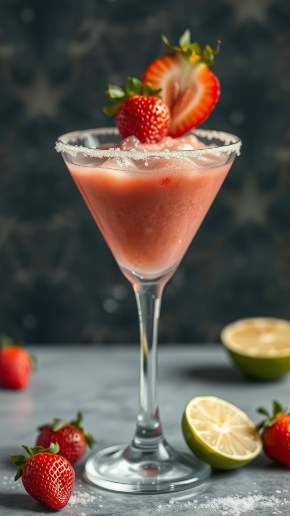 Frozen Strawberry Daiquiri Mocktail in a glass with strawberries and lime