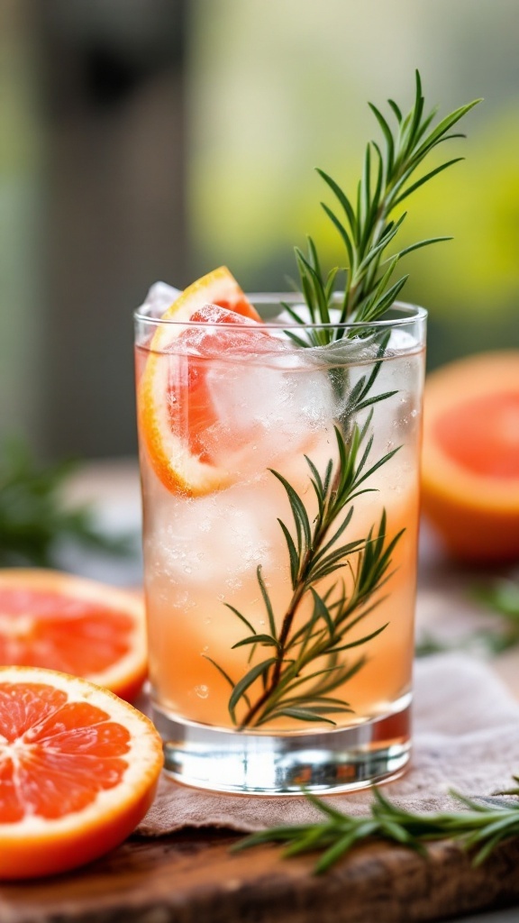 A refreshing mocktail with grapefruit slices and rosemary garnishing the drink.