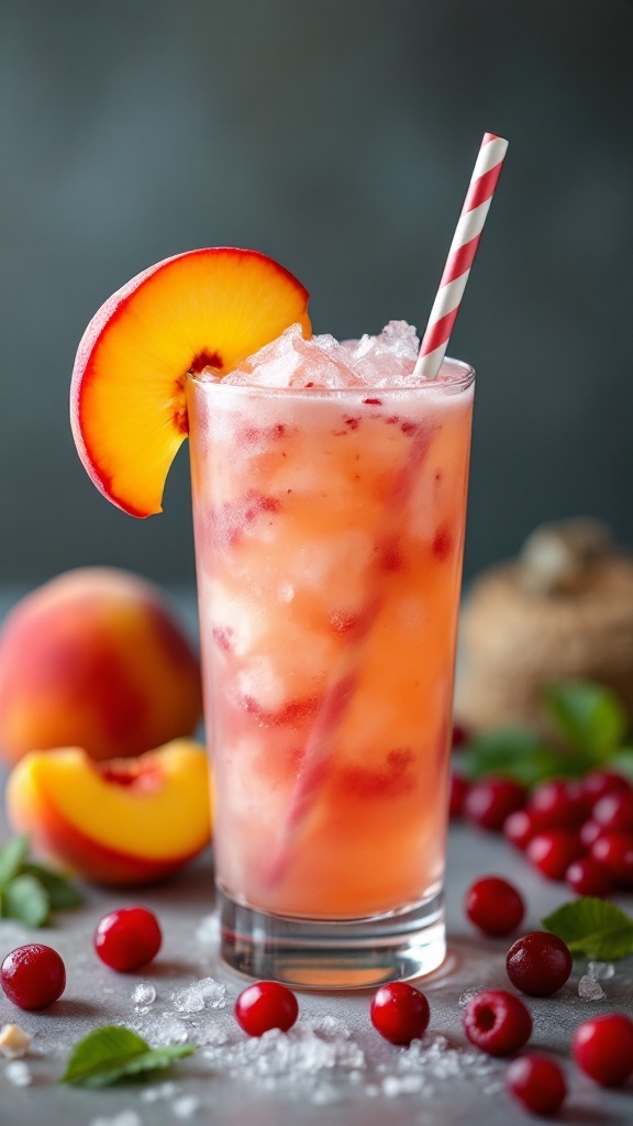 A colorful Fuzzy Peach Mocktail with a peach slice and a straw.