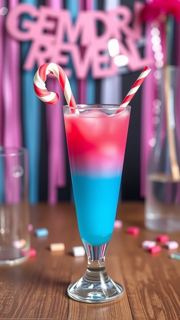 A vibrant gender reveal mocktail with blue and pink layers, garnished with a candy cane, set against a colorful backdrop.