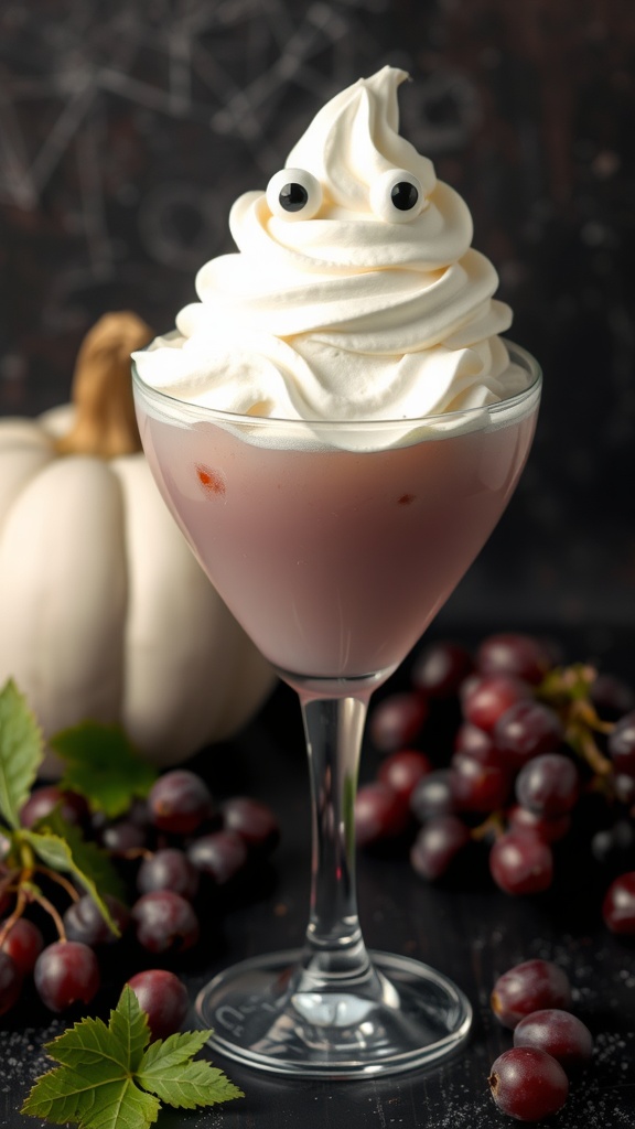 A spooky Ghostly Grape Mocktail with whipped cream and googly eyes.