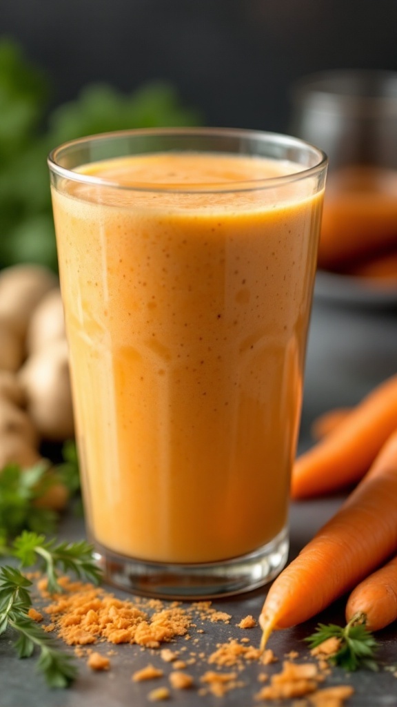 A glass of ginger-carrot juice with fresh carrots and ginger around it.
