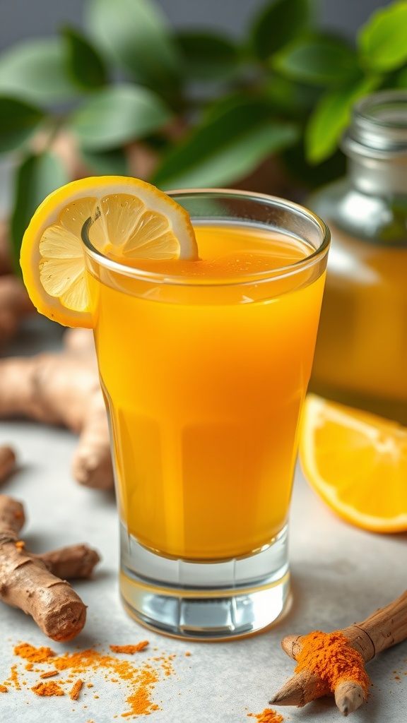 A glass of ginger-turmeric flush juice with a slice of lemon.