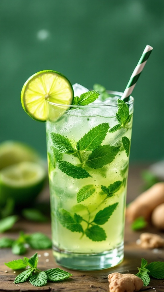 A refreshing ginger ale mint mocktail garnished with mint leaves and a lime slice.