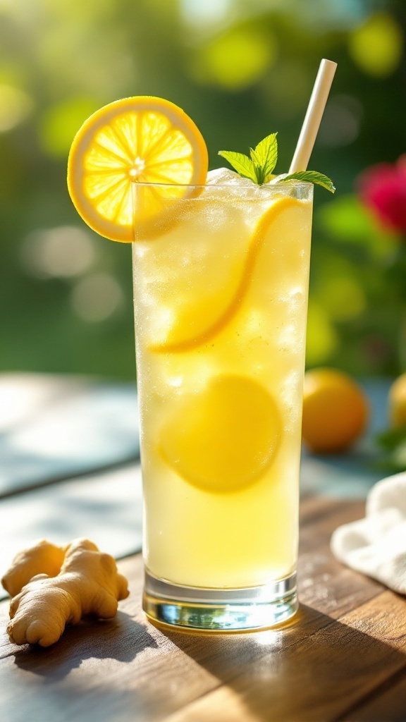 A glass of ginger lemonade juice garnished with lemon slices and mint leaves.
