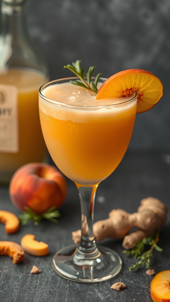 A refreshing Ginger Peach Sparkler Mocktail in a glass garnished with a peach slice and rosemary.