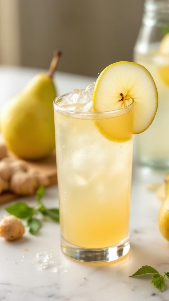 A refreshing ginger pear mocktail garnished with a slice of pear.
