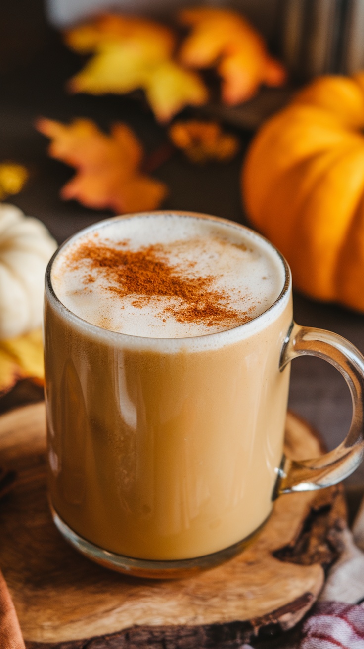 A warm ginger vanilla latte topped with cinnamon, surrounded by autumn leaves and pumpkins.