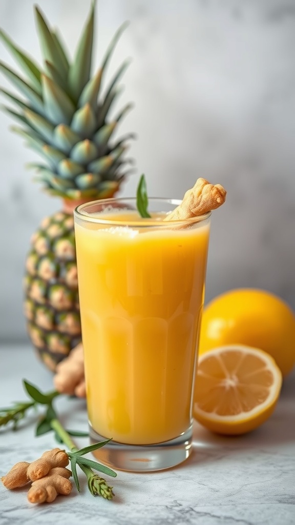 A glass of Ginger-Pineapple Belly Calm Juice with ginger and pineapple in the background.