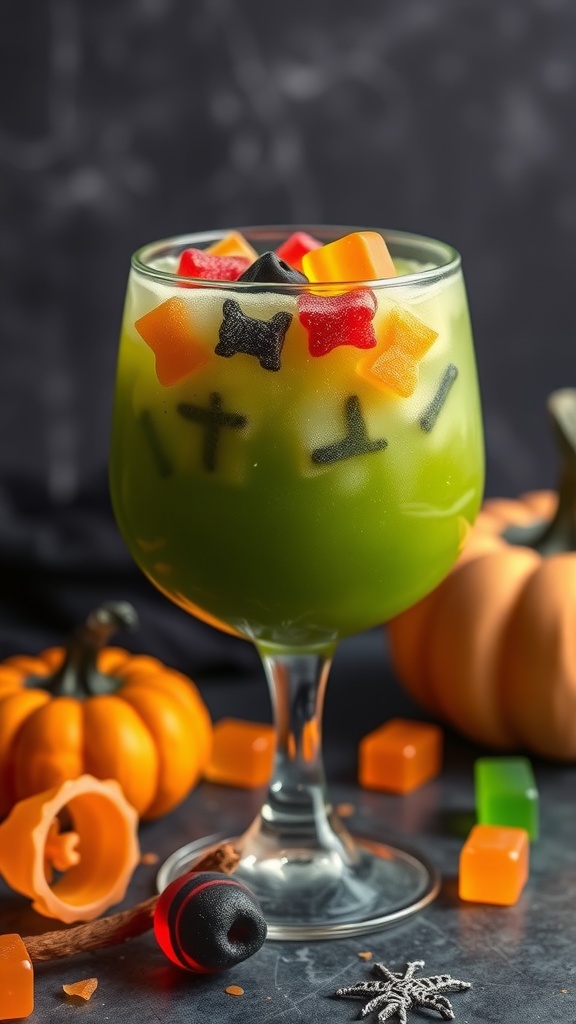 A green Goblin Grog mocktail with gummy candies on top, surrounded by Halloween decorations.