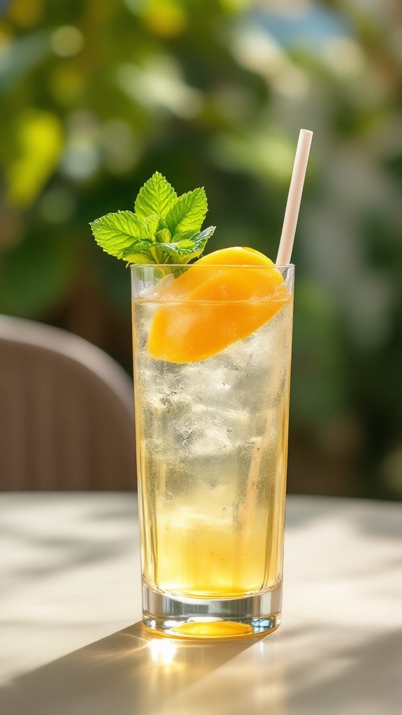 A tall glass of Golden Mango Mocktail garnished with mango slices and mint leaves.