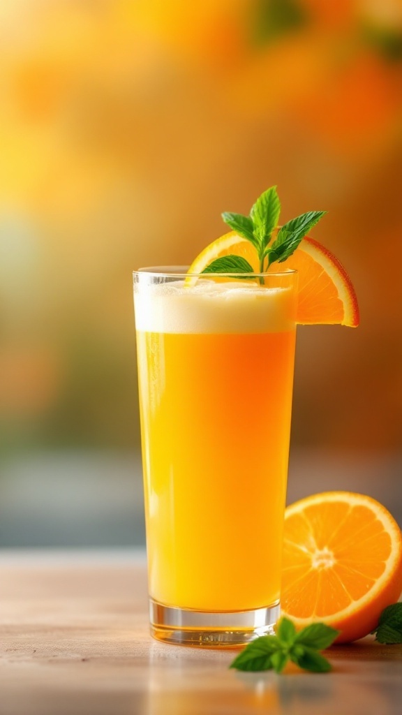 A glass of golden orange juice garnished with a slice of orange and mint leaves