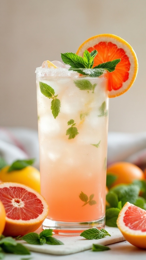 A refreshing grapefruit mint mocktail served in a tall glass with mint leaves and grapefruit slices.