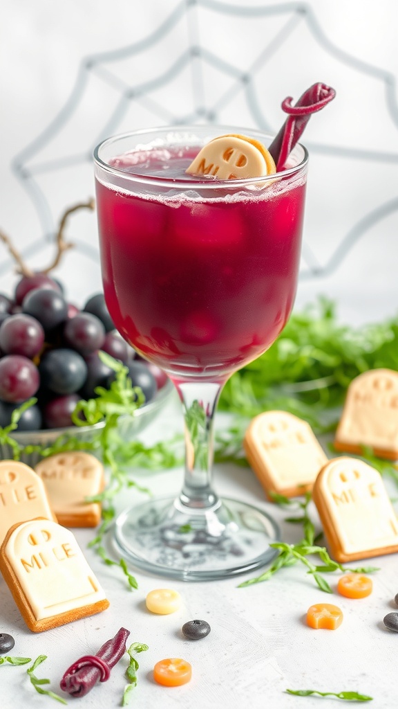 A spooky Graveyard Grape Mocktail with grape juice, garnished with cookies and candy.