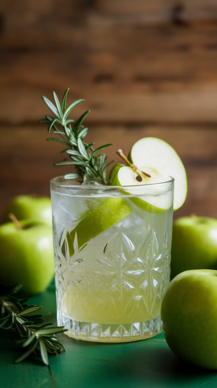 A refreshing Green Apple Fizz Mocktail garnished with a sprig of rosemary and apple slices, surrounded by green apples.