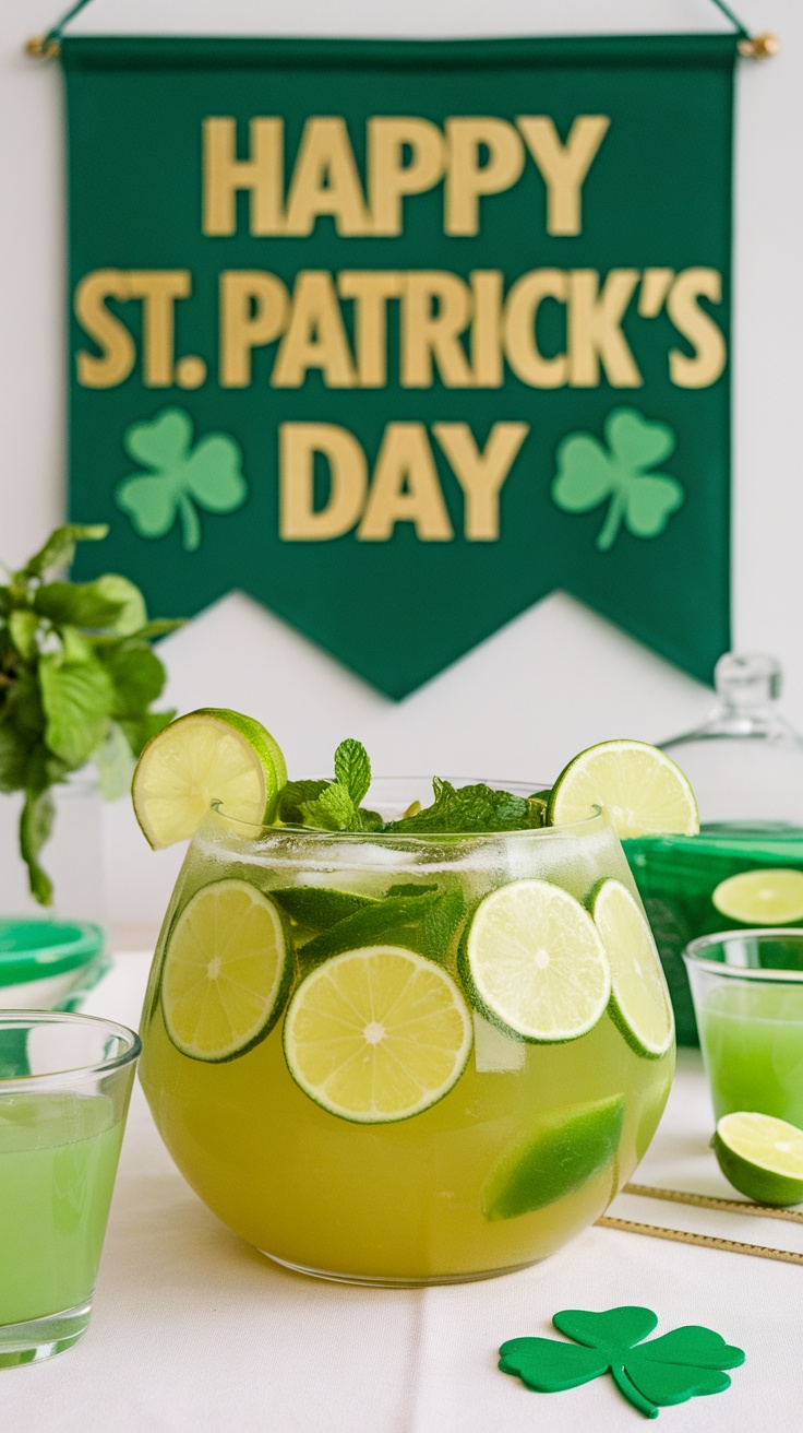 A bowl of green citrus punch mocktail with lime slices and mint leaves, set against a St. Patrick's Day themed backdrop.