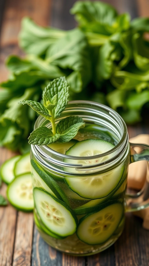 A refreshing green detox juice with cucumber slices and mint leaves.