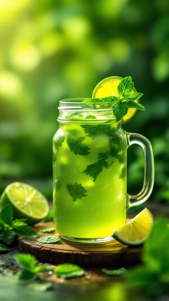 A refreshing green juice in a mason jar with mint leaves and lime slices.