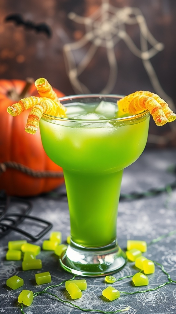 A vibrant green mocktail garnished with orange twists, surrounded by Halloween decorations.