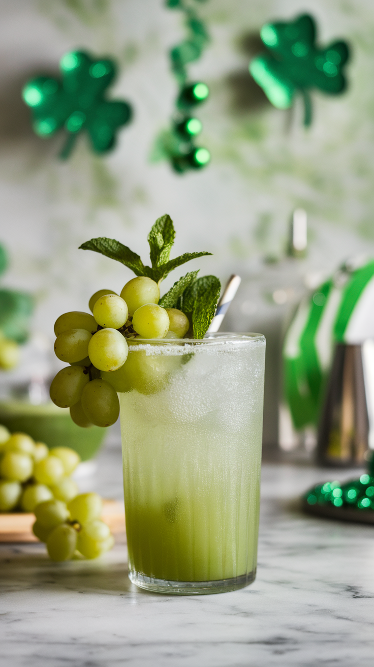 A refreshing green grape mint mocktail garnished with mint leaves and grapes.