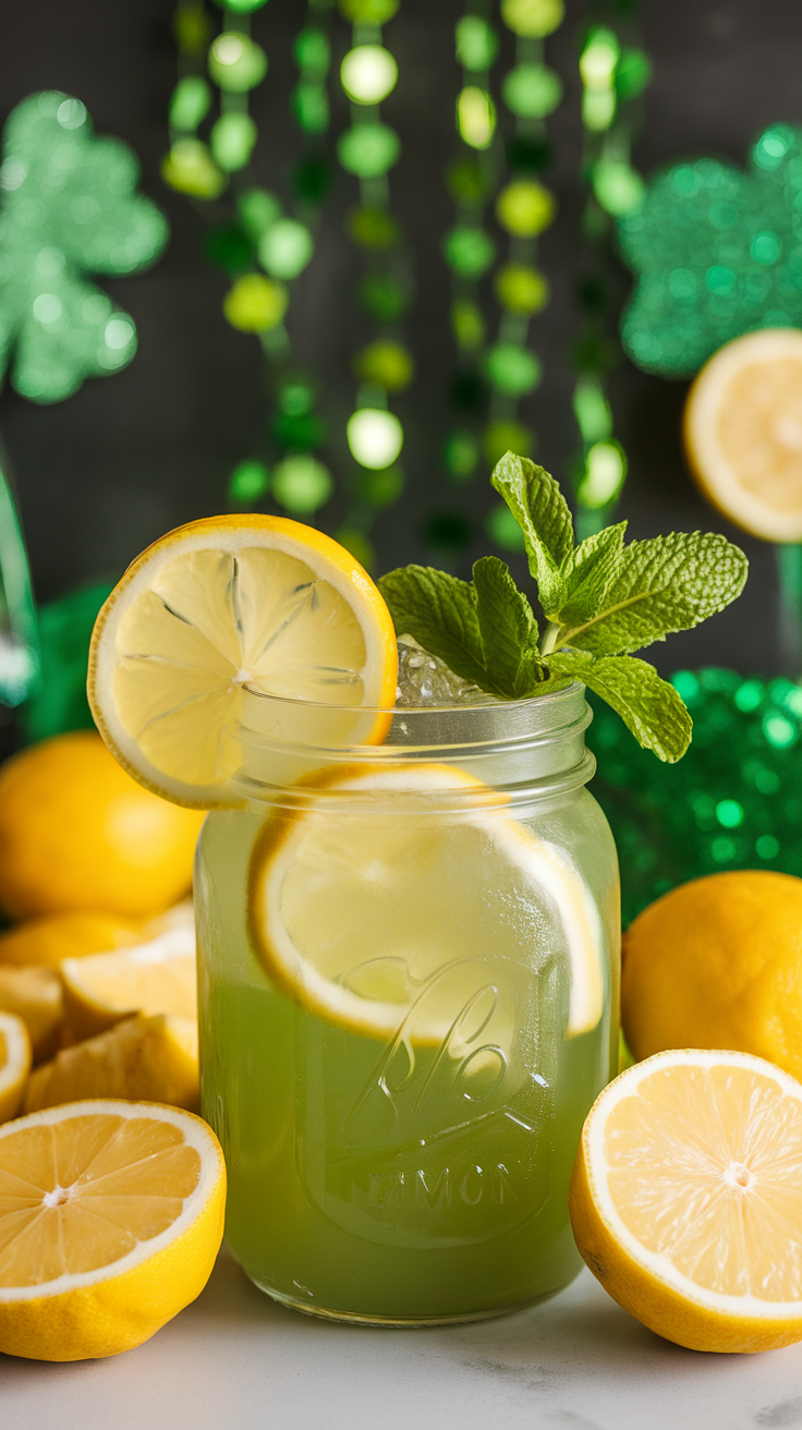 A mason jar filled with green lemonade, garnished with lemon slices and mint leaves, surrounded by fresh lemons.