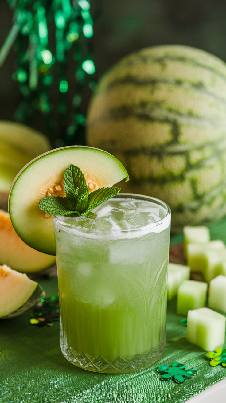 A refreshing green melon mocktail garnished with mint leaves, beside a whole melon and melon cubes.