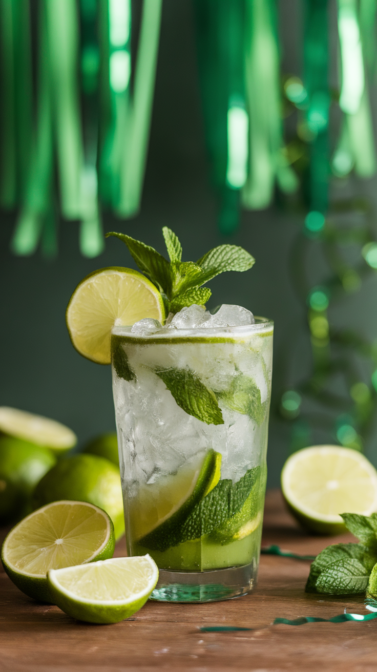 A refreshing Green Mojito Mocktail garnished with mint and lime.
