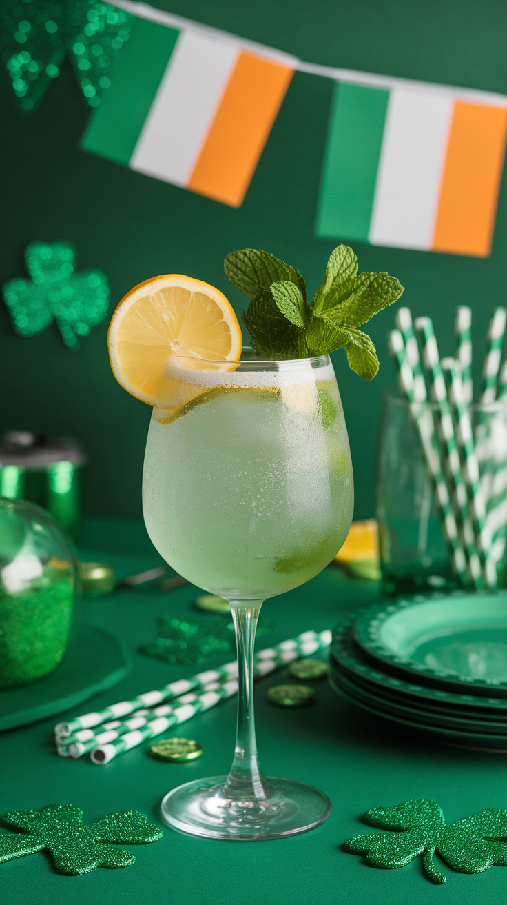 A refreshing Green Tea Spritz Mocktail garnished with mint and lemon slices.