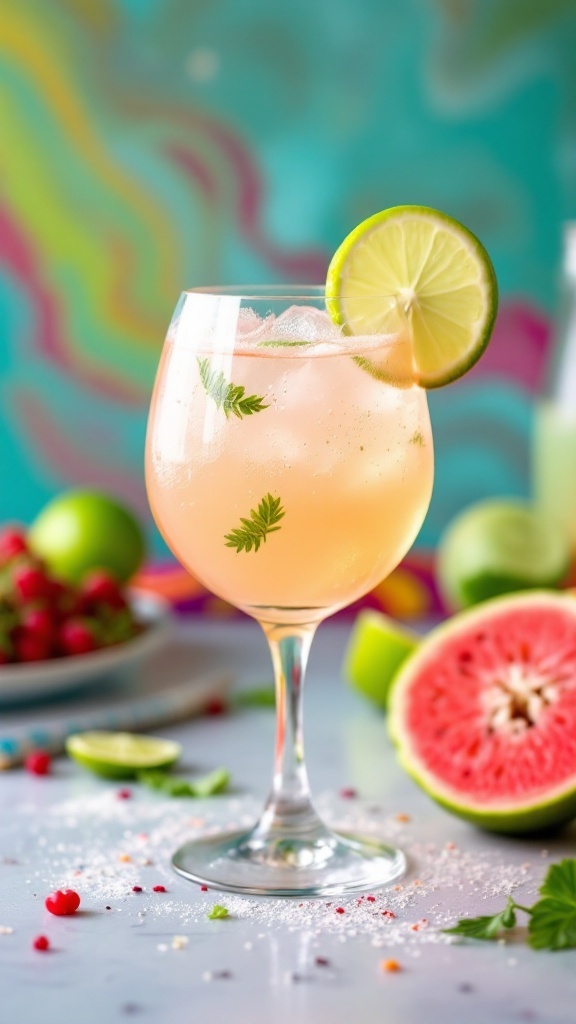 A refreshing Guava Lime Fizz Mocktail in a glass with a lime slice and garnished with green leaves.
