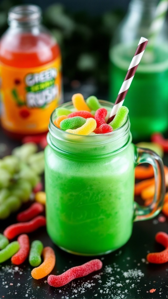 A refreshing green mocktail in a mason jar topped with gummy worms.