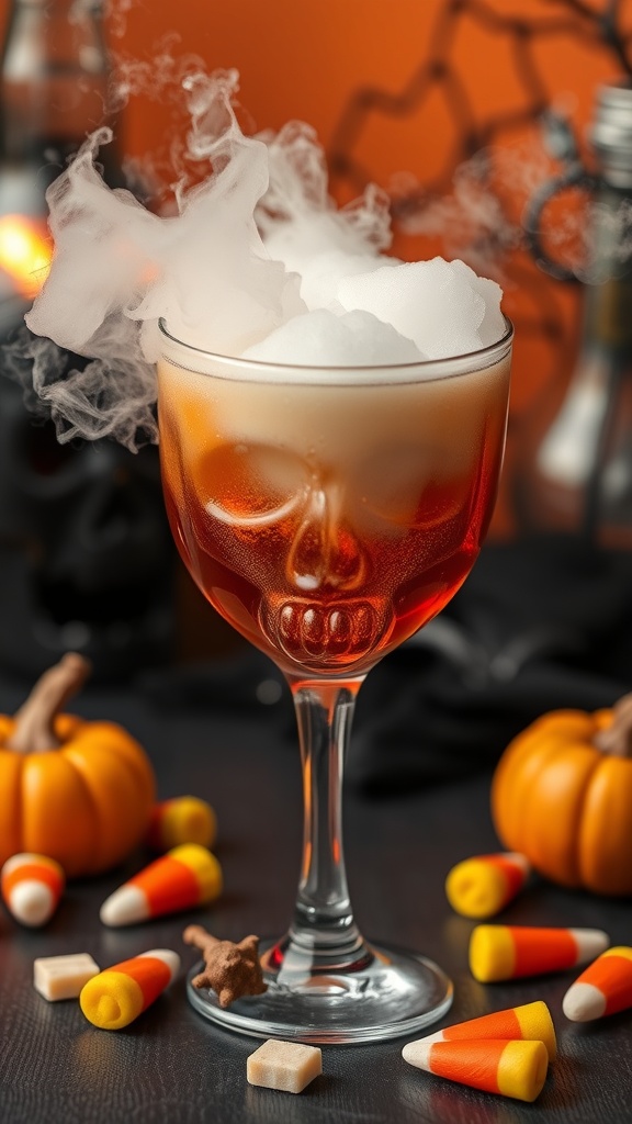 A spooky Haunted Apple Mocktail served in a skull glass, surrounded by Halloween decorations.