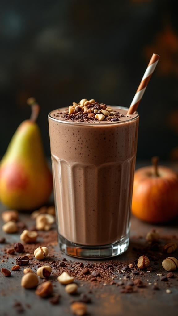 A delicious Hazelnut Cocoa Pear Smoothie topped with nuts and cocoa, surrounded by a pear and pumpkin.