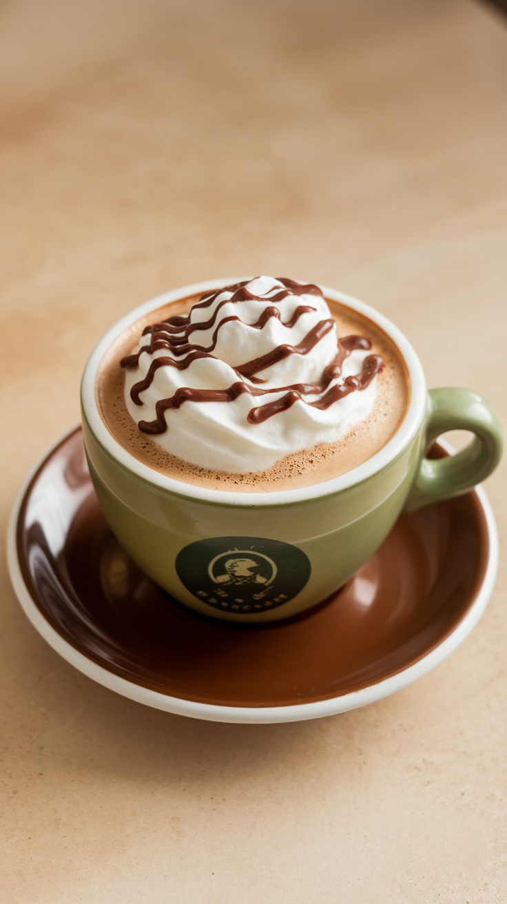 A delicious hazelnut mocha mocktail topped with whipped cream and chocolate drizzle in a green cup